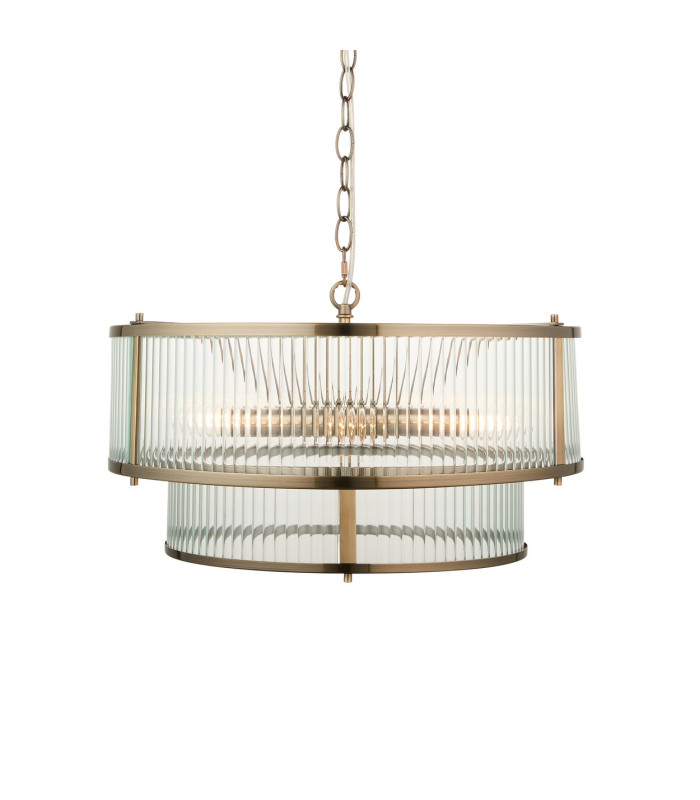 Ridgeton Cylindrical Pendant Ceiling Light Antique Brass Plate & Clear Ribbed Glass 5x E14-1