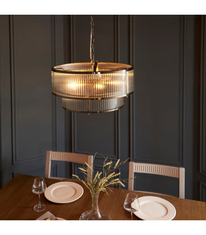 Ridgeton Cylindrical Pendant Ceiling Light Antique Brass Plate & Clear Ribbed Glass 5x E14-3