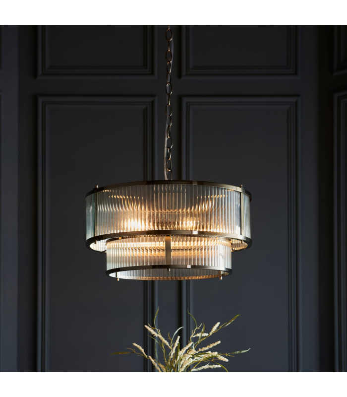 Ridgeton Cylindrical Pendant Ceiling Light Antique Brass Plate & Clear Ribbed Glass 5x E14-4