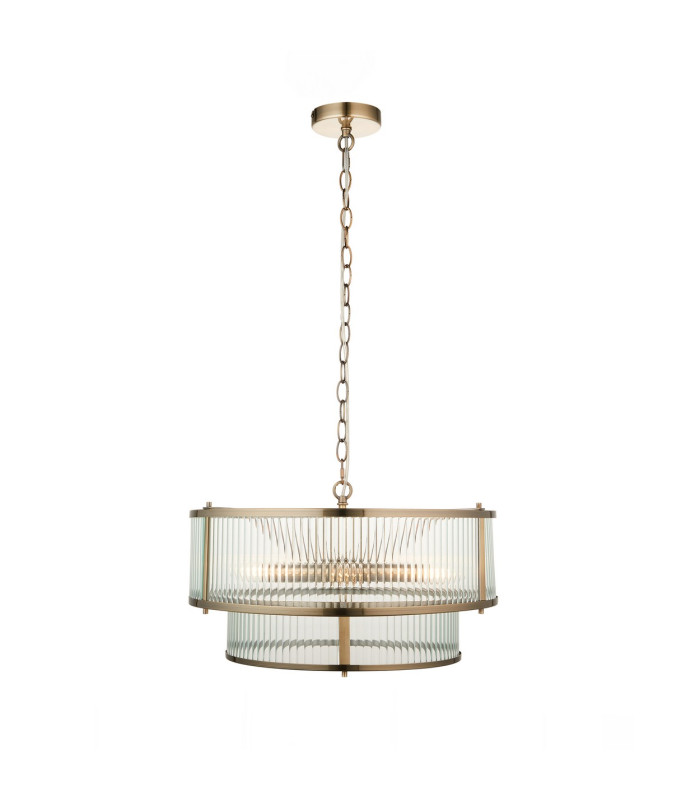 Ridgeton Cylindrical Pendant Ceiling Light Antique Brass Plate & Clear Ribbed Glass 5x E14-7