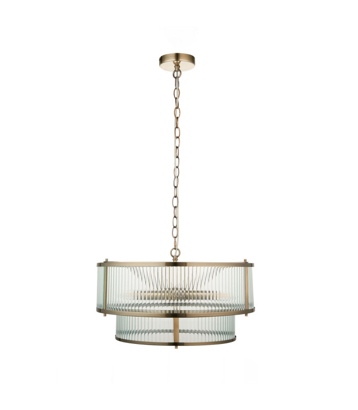 Ridgeton Cylindrical Pendant Ceiling Light Antique Brass Plate & Clear Ribbed Glass 5x E14-8