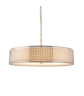 Cordero Cylindrical Pendant Ceiling Light Satin Nickel Plate White Fabric & Frosted Glass 5x E27-1