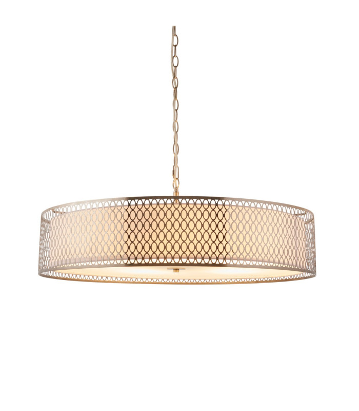 Cordero Cylindrical Pendant Ceiling Light Satin Nickel Plate White Fabric & Frosted Glass 5x E27-1
