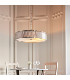 Cordero Cylindrical Pendant Ceiling Light Satin Nickel Plate White Fabric & Frosted Glass 5x E27-2