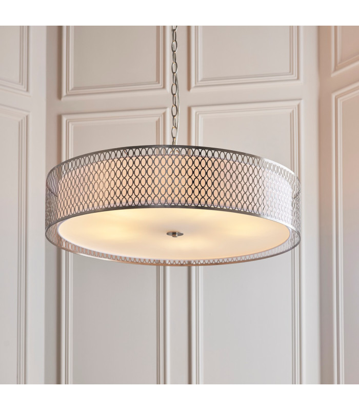 Cordero Cylindrical Pendant Ceiling Light Satin Nickel Plate White Fabric & Frosted Glass 5x E27-3
