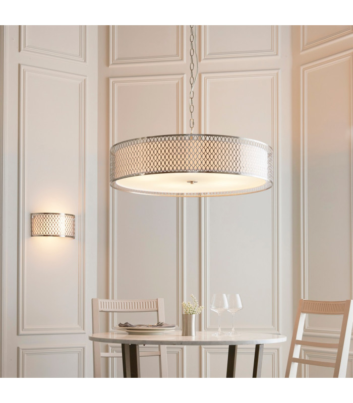 Cordero Cylindrical Pendant Ceiling Light Satin Nickel Plate White Fabric & Frosted Glass 5x E27-7