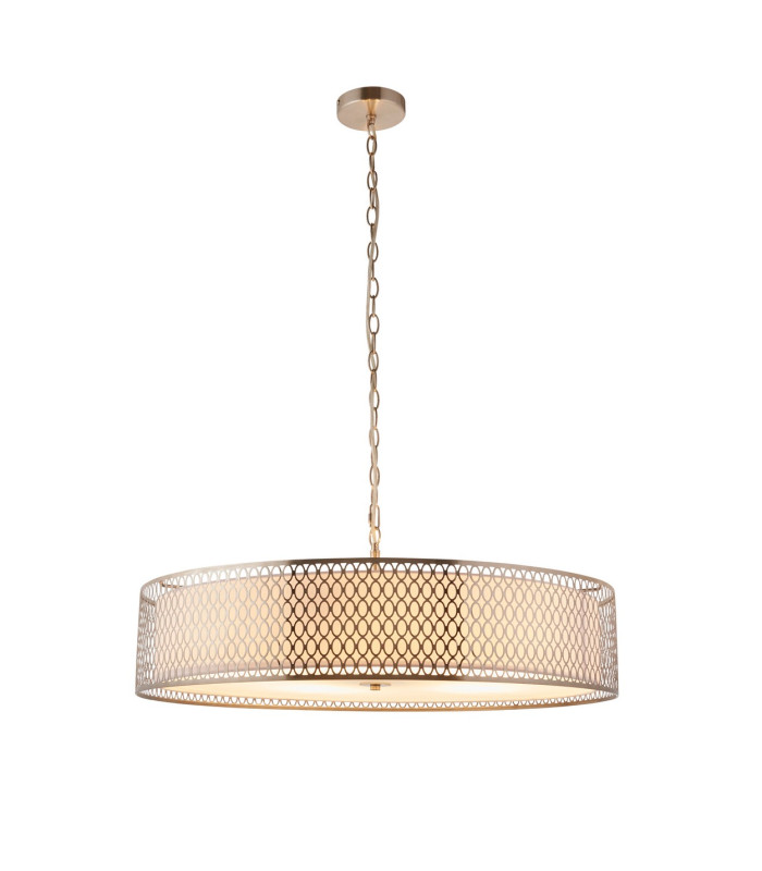 Cordero Cylindrical Pendant Ceiling Light Satin Nickel Plate White Fabric & Frosted Glass 5x E27-8