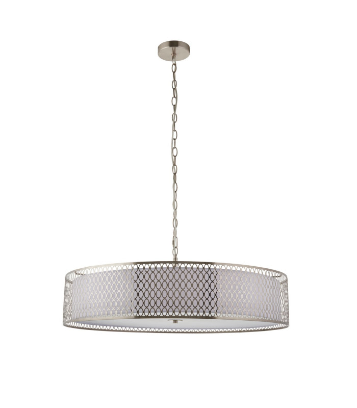 Cordero Cylindrical Pendant Ceiling Light Satin Nickel Plate White Fabric & Frosted Glass 5x E27-9