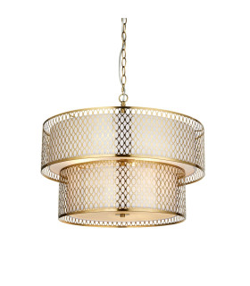 Cordero Cylindrical Pendant Ceiling Light Gold Effect Plate White Fabric & Frosted Glass 6x E27-1