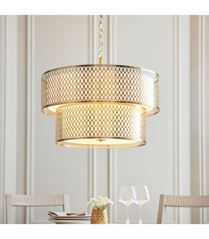 Cordero Cylindrical Pendant Ceiling Light Gold Effect Plate White Fabric & Frosted Glass 6x E27-2