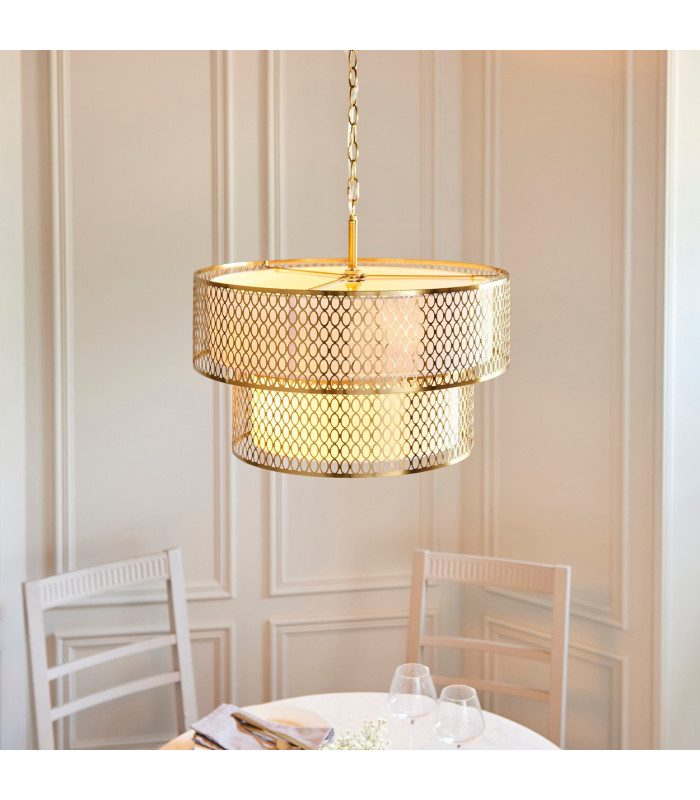 Cordero Cylindrical Pendant Ceiling Light Gold Effect Plate White Fabric & Frosted Glass 6x E27-3