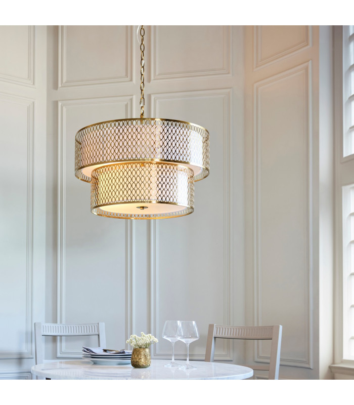 Cordero Cylindrical Pendant Ceiling Light Gold Effect Plate White Fabric & Frosted Glass 6x E27-4