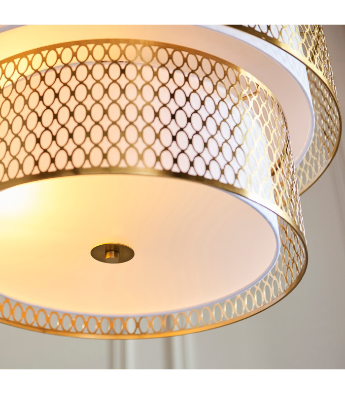 Cordero Cylindrical Pendant Ceiling Light Gold Effect Plate White Fabric & Frosted Glass 6x E27-6