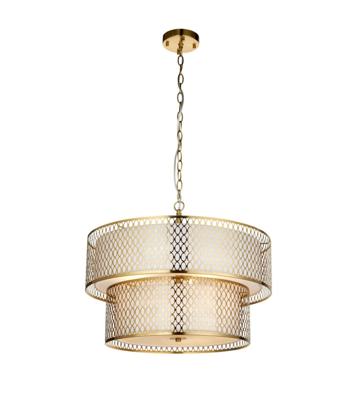 Cordero Cylindrical Pendant Ceiling Light Gold Effect Plate White Fabric & Frosted Glass 6x E27-8
