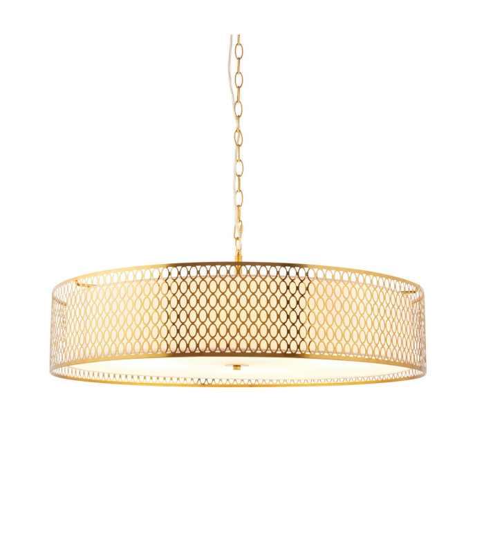 Cordero Cylindrical Pendant Ceiling Light Gold Effect Plate White Fabric & Frosted Glass 5x E27-1