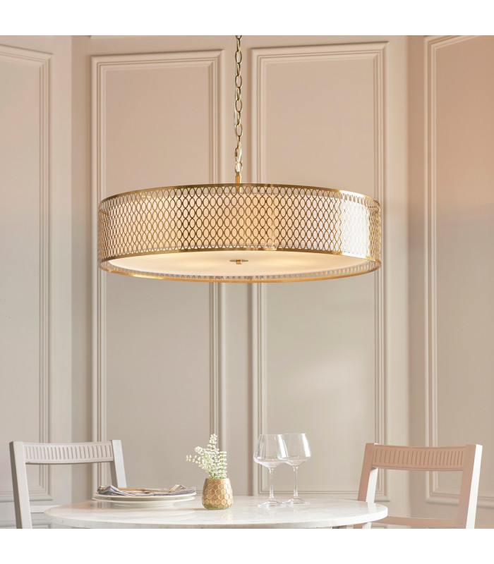 Cordero Cylindrical Pendant Ceiling Light Gold Effect Plate White Fabric & Frosted Glass 5x E27-2