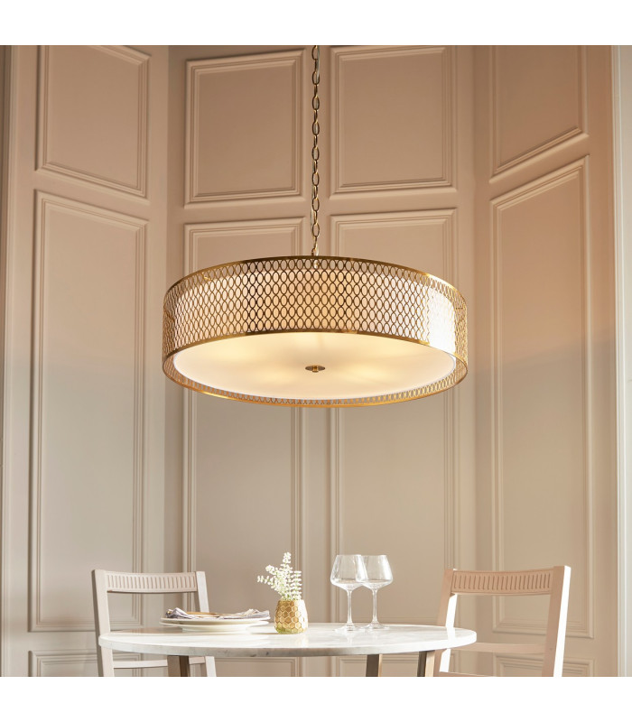 Cordero Cylindrical Pendant Ceiling Light Gold Effect Plate White Fabric & Frosted Glass 5x E27-3