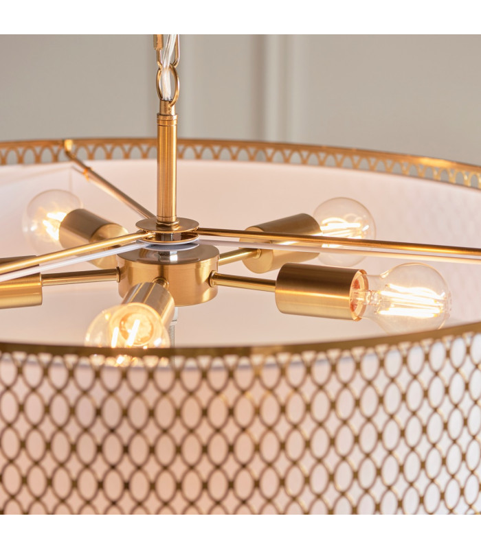Cordero Cylindrical Pendant Ceiling Light Gold Effect Plate White Fabric & Frosted Glass 5x E27-5