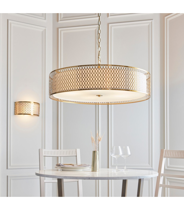 Cordero Cylindrical Pendant Ceiling Light Gold Effect Plate White Fabric & Frosted Glass 5x E27-7