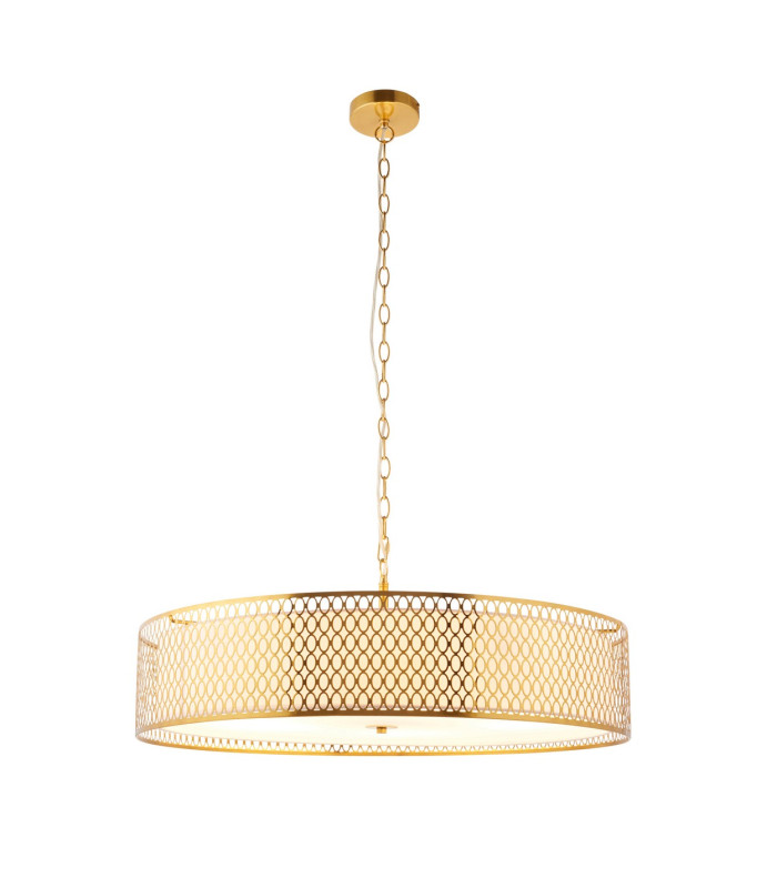 Cordero Cylindrical Pendant Ceiling Light Gold Effect Plate White Fabric & Frosted Glass 5x E27-8