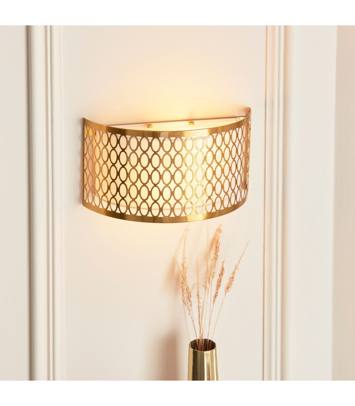 Cordero Flush Wall Lamp Gold Effect Plate White Fabric & Frosted Glass 2x E14-3