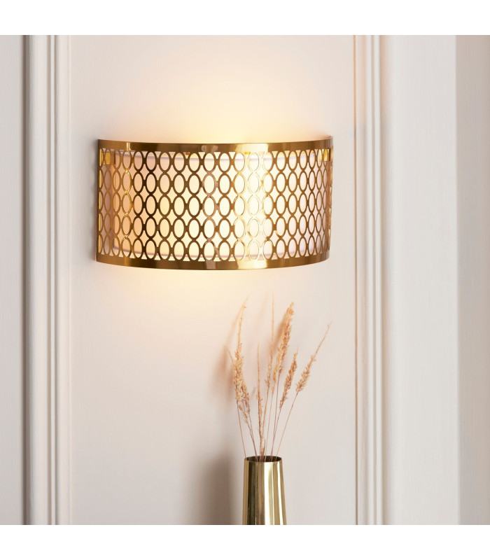 Cordero Flush Wall Lamp Gold Effect Plate White Fabric & Frosted Glass 2x E14-4