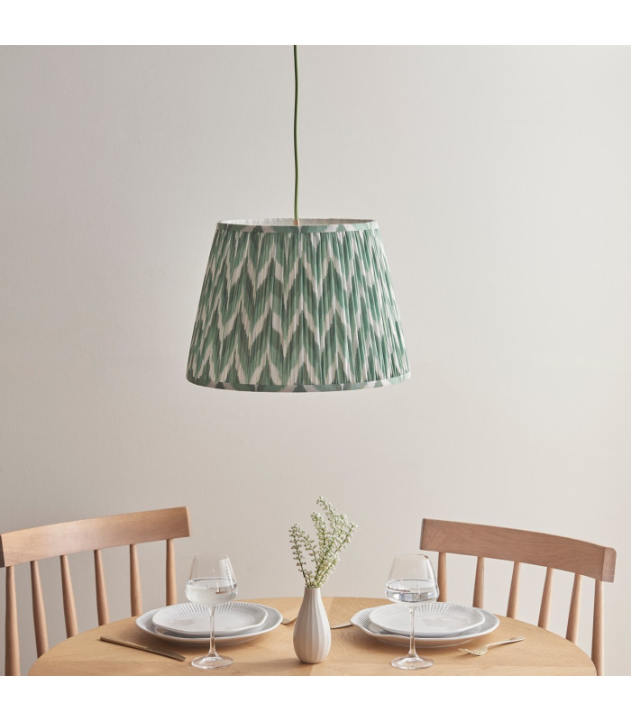 Eltham Brushed Aged Brass Green Flex Pendant Light with Cotswold Green Fabric Zigzag Shade 40cm B22-3