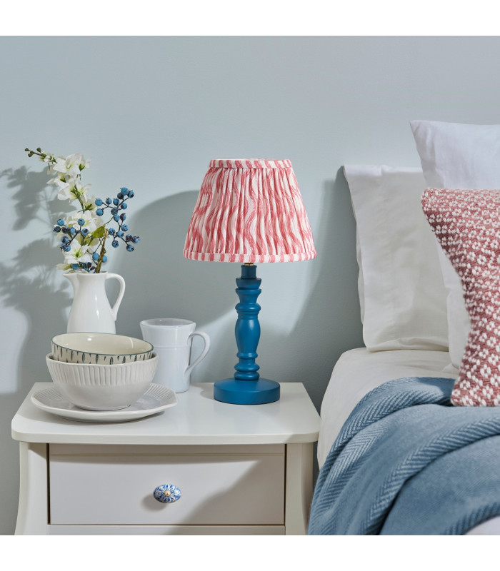 Bibury Satin Marlin Blue Paint Table Lamp with Coral Pink Fabric Ripple Shade 20cm B22-3