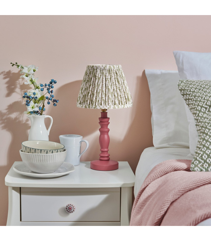 Bibury Satin Pink Clay Paint Table Lamp with Herb Garden Green Fabric Leaf Shade 20cm B22-3
