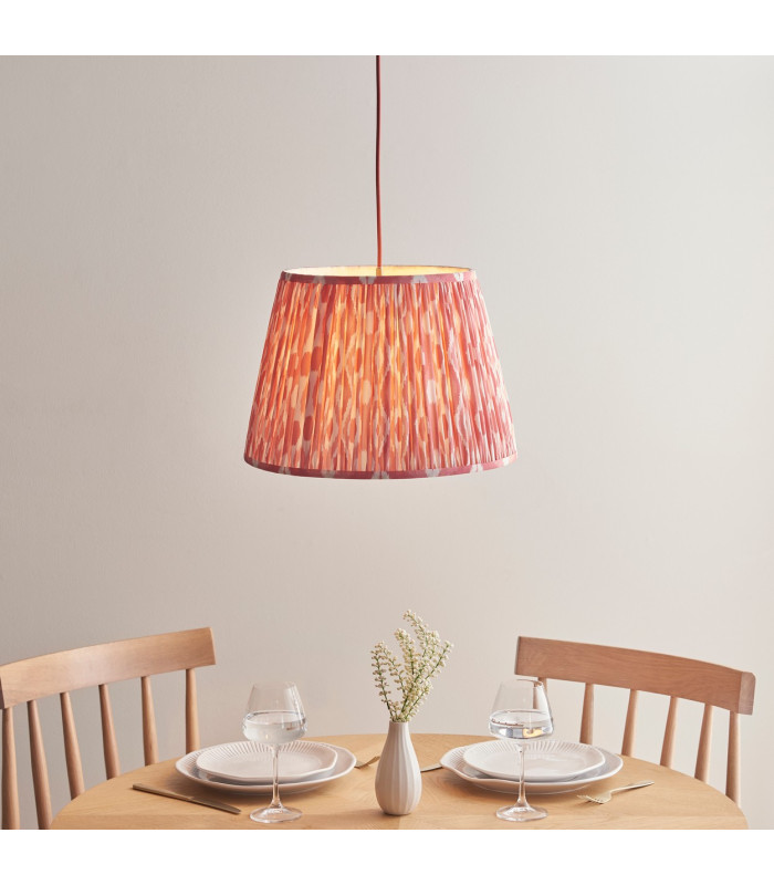 Eltham Brushed Aged Brass Red Flex Pendant Light with Coral Pink Fabric Ikat Shade 40cm B22-2