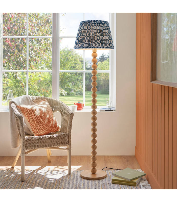 Cane Natural Bamboo Floor Lamp with Marlin Blue Fabric Ripple Shade 40cm E27-2