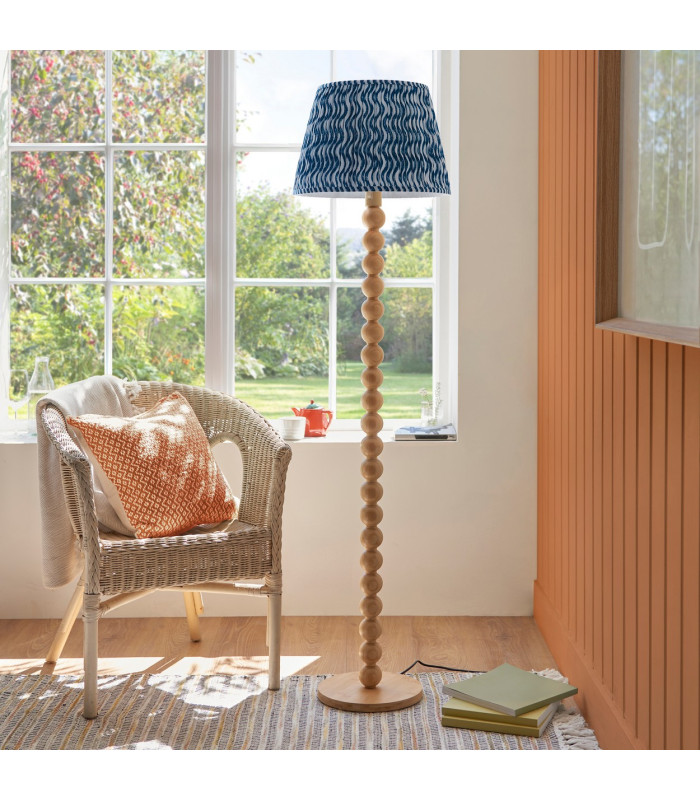 Cane Natural Bamboo Floor Lamp with Marlin Blue Fabric Ripple Shade 40cm E27-3