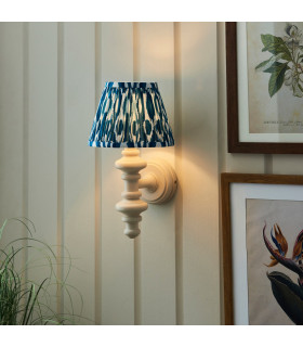Carnaby Satin Almond White Paint Wall Light with Marlin Blue Fabric Ikat Shade 20cm B22-2