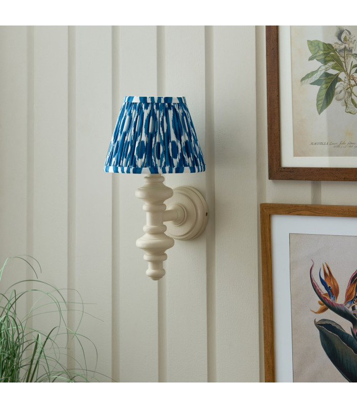 Carnaby Satin Almond White Paint Wall Light with Marlin Blue Fabric Ikat Shade 20cm B22-3