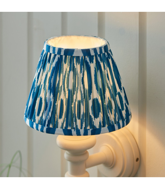 Carnaby Satin Almond White Paint Wall Light with Marlin Blue Fabric Ikat Shade 20cm B22-4