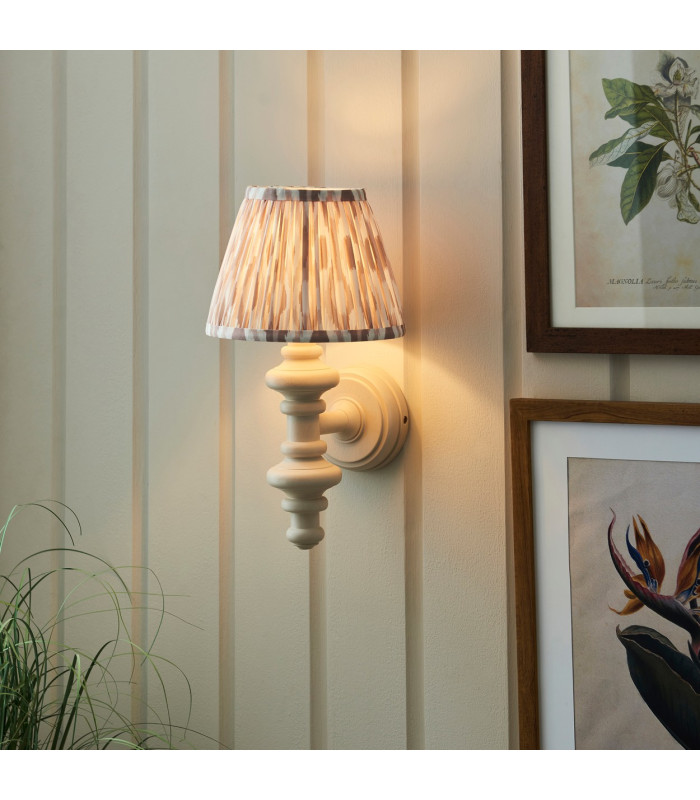 Carnaby Satin Almond White Paint Wall Light with Neutral Print Fabric Ikat Shade 20cm B22-2