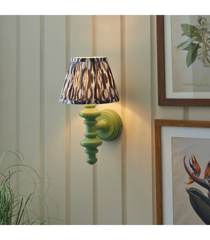 Carnaby Satin Cotswold Green Paint Wall Light with Pearl Grey Fabric Ikat Shade 20cm B22-2