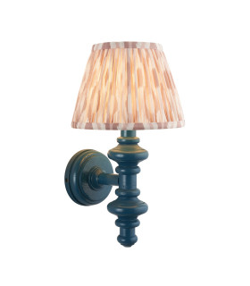 Carnaby Satin Marlin Blue Paint Wall Light with Neutral Print Fabric Ikat Shade 20cm B22-1
