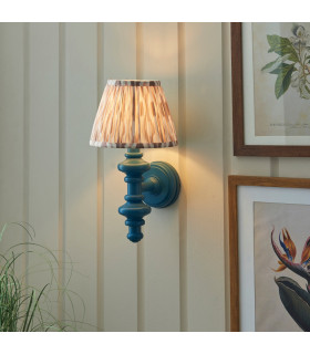 Carnaby Satin Marlin Blue Paint Wall Light with Neutral Print Fabric Ikat Shade 20cm B22-2