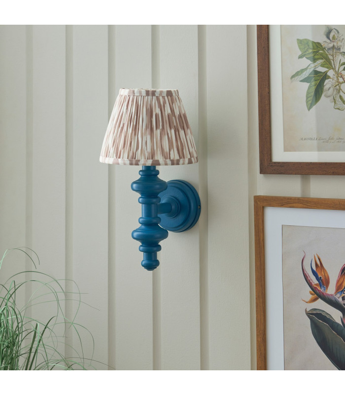 Carnaby Satin Marlin Blue Paint Wall Light with Neutral Print Fabric Ikat Shade 20cm B22-3