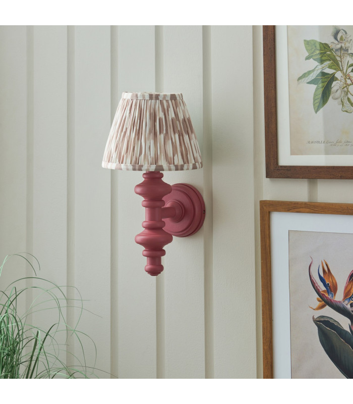 Carnaby Satin Pink Clay Paint Wall Light with Neutral Print Fabric Ikat Shade 20cm B22-3