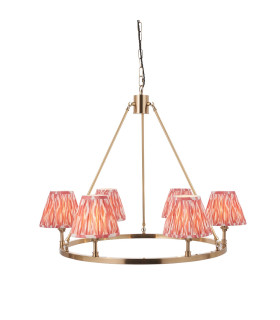 Chester Brushed Aged Brass Plate Pendant Light with Coral Pink Fabric Ikat Shade 16cm 6x B22-1