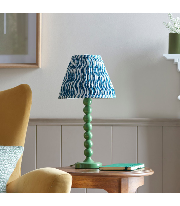 Higgledy Gloss Cotswold Green Paint Table Lamp with Marlin Blue Fabric Ripple Shade 25cm E14-3