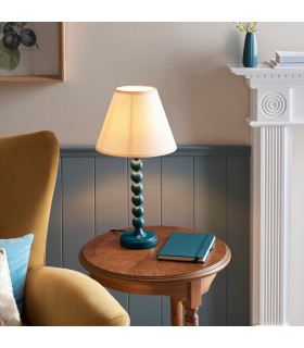 Higgledy Gloss Marlin Blue Paint Table Lamp with Vintage White Fabric Ivy Shade 25cm E14-2