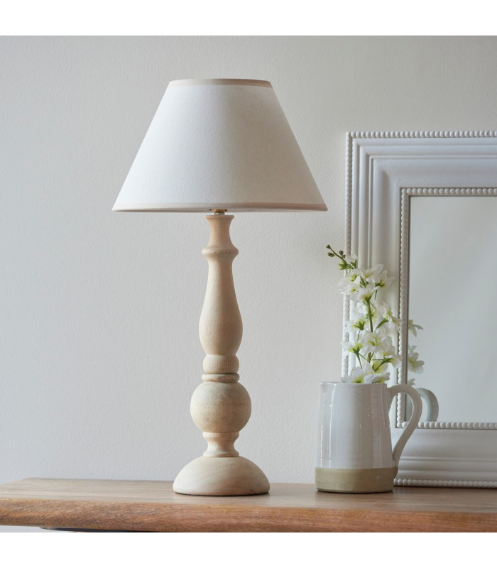 Hidcote Natural Wood Table Lamp with Vintage White Fabric Ivy Shade 30cm B22-3