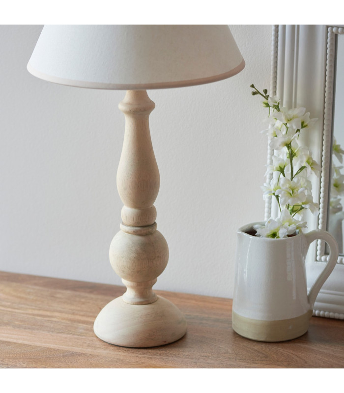 Hidcote Natural Wood Table Lamp with Vintage White Fabric Ivy Shade 30cm B22-5