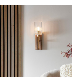 Travi Ribbed Wall Lamp Beige Textured Marble Vintage Brass & Clear Ribbed Glass E14-2
