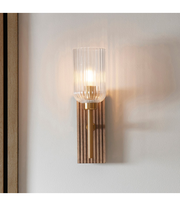Travi Ribbed Wall Lamp Beige Textured Marble Vintage Brass & Clear Ribbed Glass E14-3