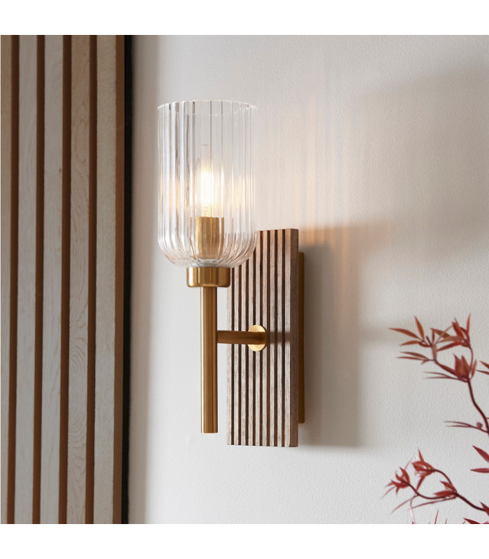 Travi Ribbed Wall Lamp Beige Textured Marble Vintage Brass & Clear Ribbed Glass E14-5