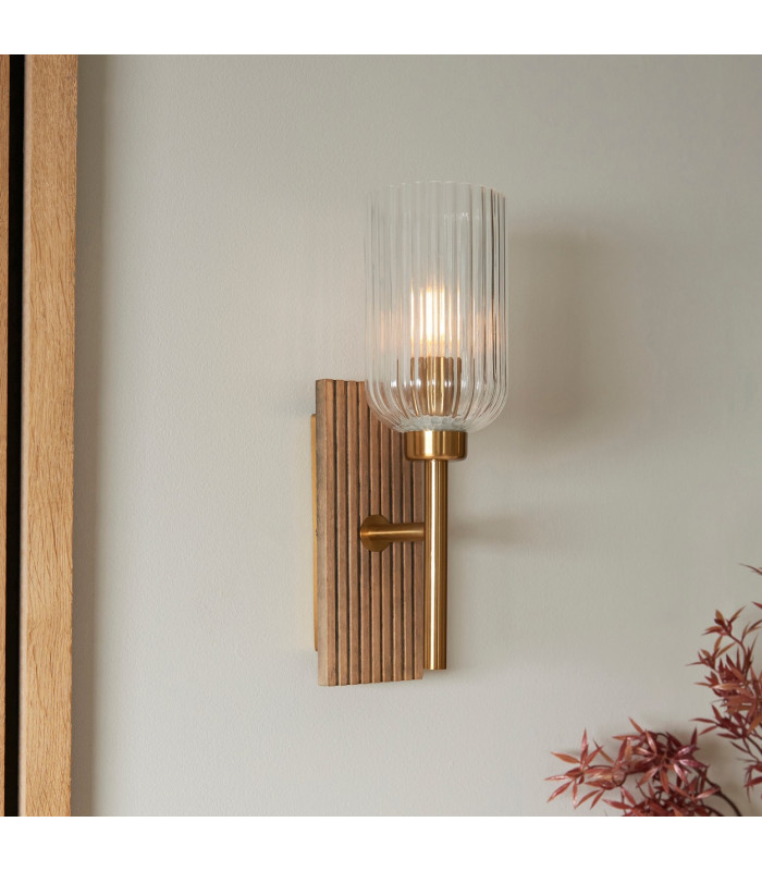 Travi Ribbed Wall Lamp Beige Textured Marble Vintage Brass & Clear Ribbed Glass E14-6